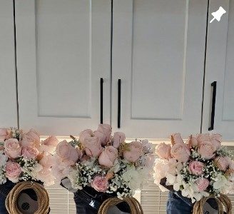 Denim jeans floral centerpiece with pink roses