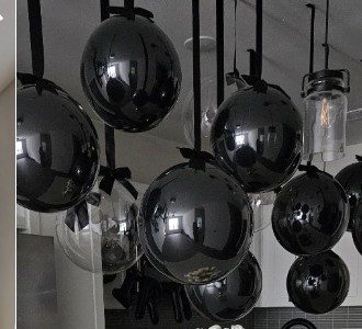 Black chrome balloon ceiling installation